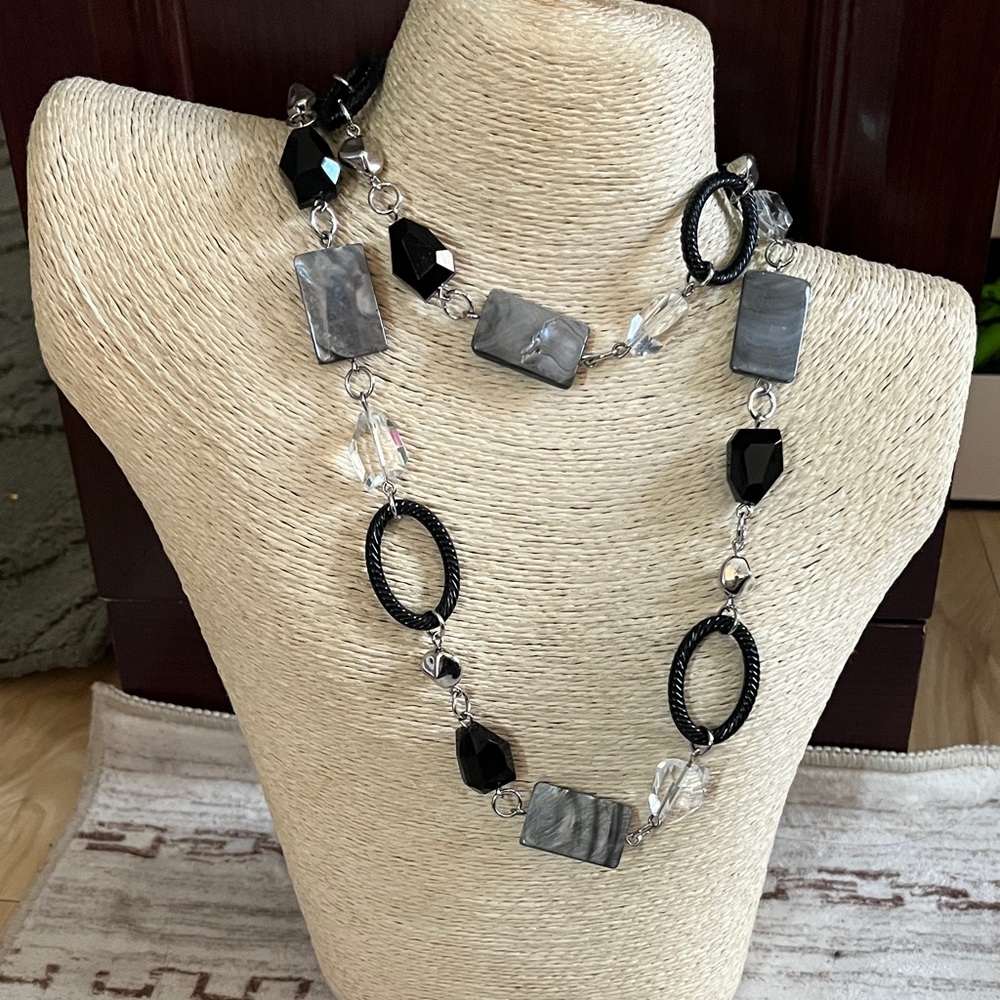 Lia Sophia Black and Gray Long Beaded Link Necklace